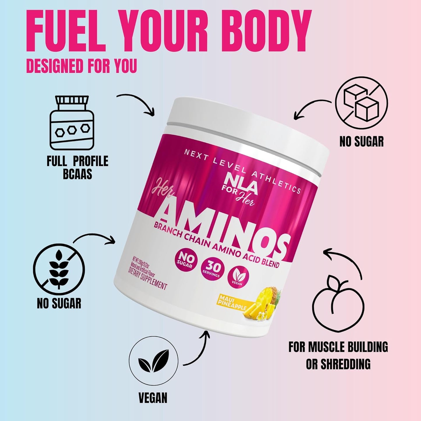 NLA for Her Her Aminos Maui Pineapple BCAA Amino Acid Blend - 30 Servings, Supports Endurance, Lean Muscle, Hydration, Recovery - Vegan, GF, Low Calorie