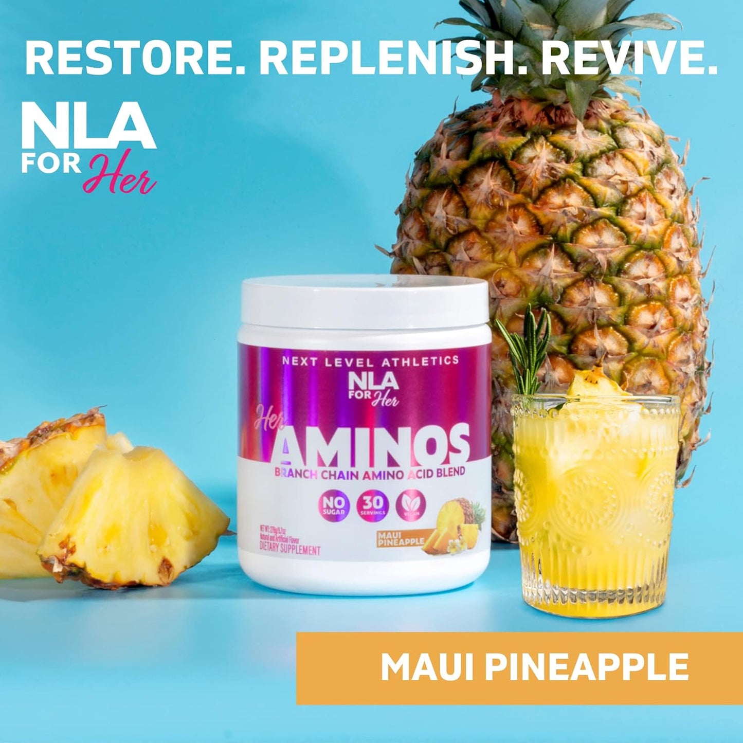 NLA for Her Her Aminos Maui Pineapple BCAA Amino Acid Blend - 30 Servings, Supports Endurance, Lean Muscle, Hydration, Recovery - Vegan, GF, Low Calorie