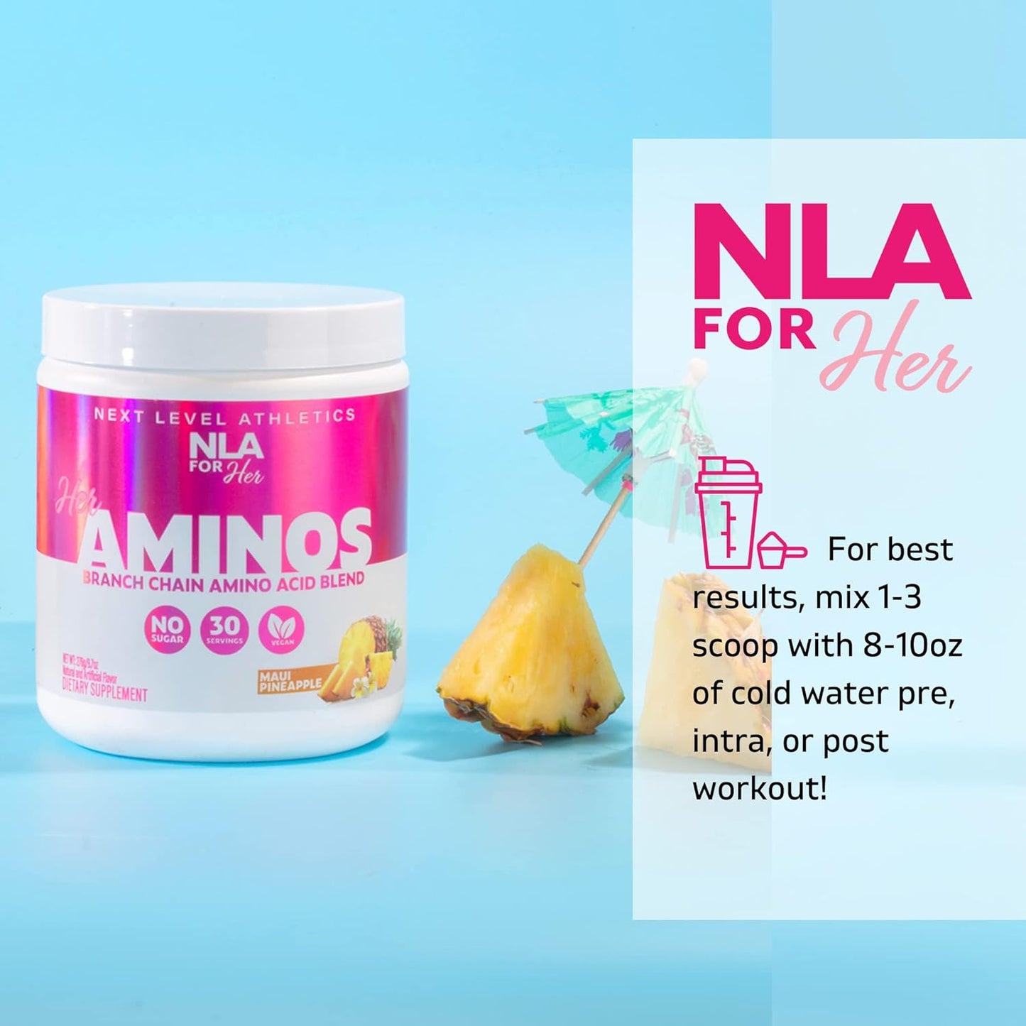 NLA for Her Her Aminos Maui Pineapple BCAA Amino Acid Blend - 30 Servings, Supports Endurance, Lean Muscle, Hydration, Recovery - Vegan, GF, Low Calorie