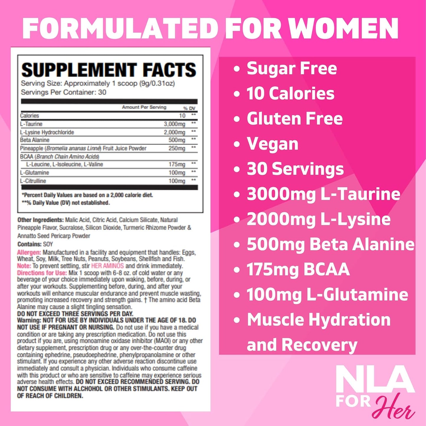 NLA for Her Her Aminos Maui Pineapple BCAA Amino Acid Blend - 30 Servings, Supports Endurance, Lean Muscle, Hydration, Recovery - Vegan, GF, Low Calorie