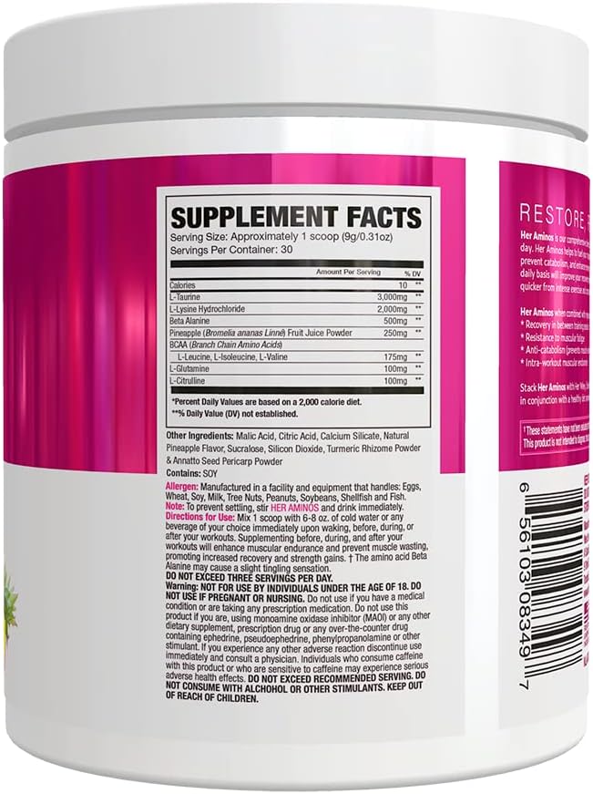 NLA for Her Her Aminos Maui Pineapple BCAA Amino Acid Blend - 30 Servings, Supports Endurance, Lean Muscle, Hydration, Recovery - Vegan, GF, Low Calorie