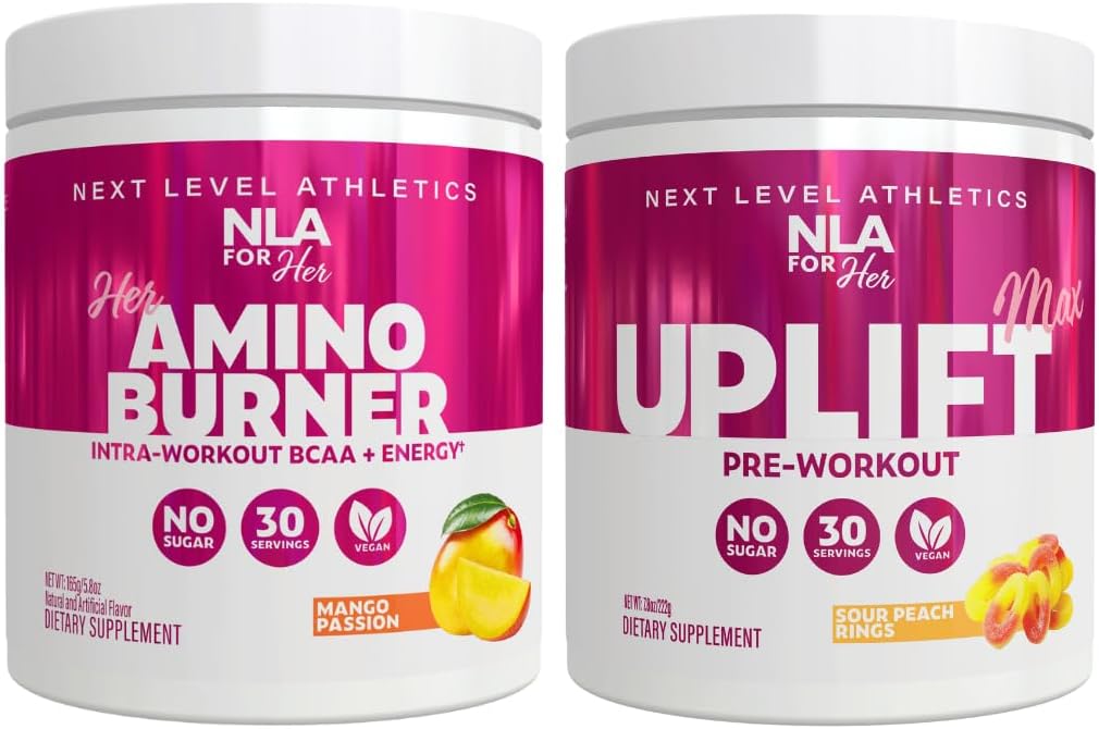 NLA for Her Pre/Intra Workout Stack with Her Thermogenic Amino Mango Passion and Uplift Max Pre Workout Sour Peach Rings