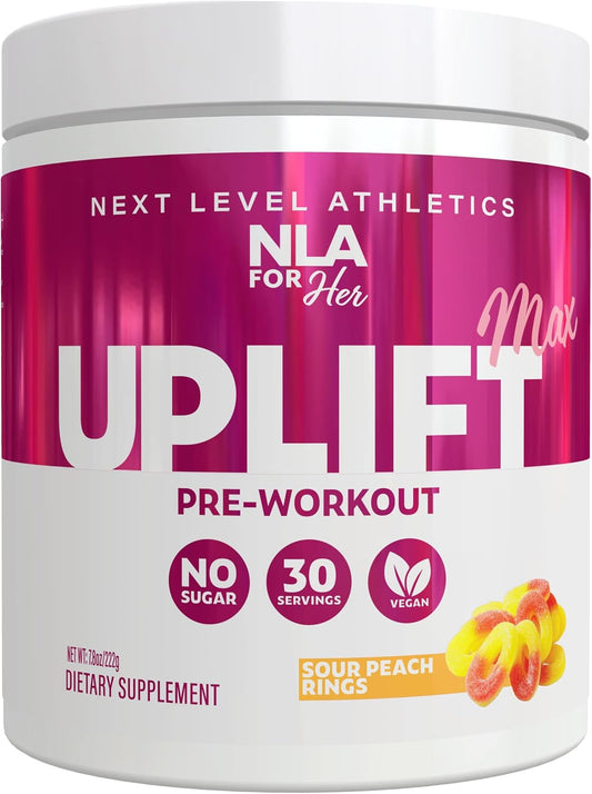 NLA for Her Uplift MAX Pre-Workout Energy (Sour Peach Rings) - 30 Servings - Clean Energy Boost for Women, Supports Athletic Performance, Fast Twitch Muscle Activation - Caffeine, Vegan, GF, Low Calorie