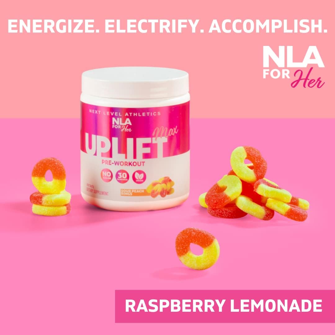 NLA for Her Uplift MAX Pre-Workout Energy (Sour Peach Rings) - 30 Servings - Clean Energy Boost for Women, Supports Athletic Performance, Fast Twitch Muscle Activation - Caffeine, Vegan, GF, Low Calorie