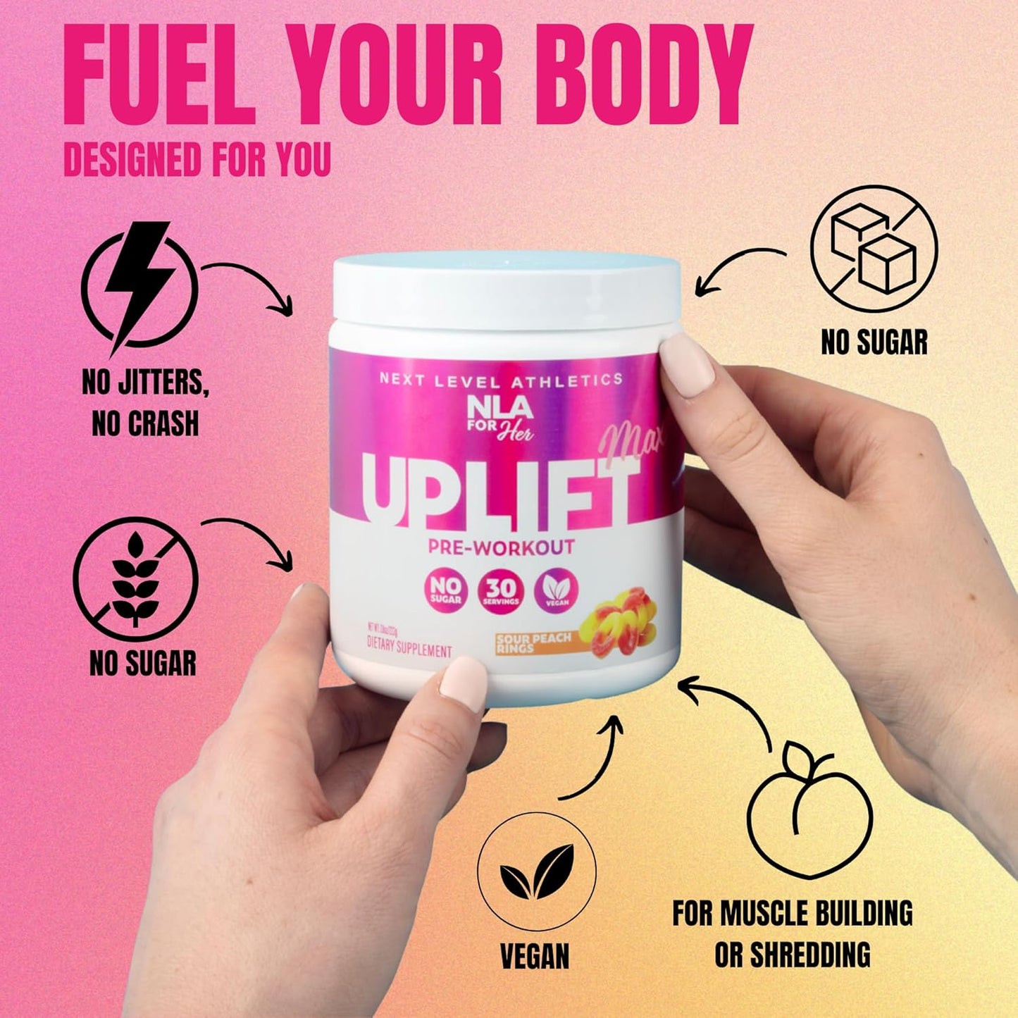 NLA for Her Uplift MAX Pre-Workout Energy (Sour Peach Rings) - 30 Servings - Clean Energy Boost for Women, Supports Athletic Performance, Fast Twitch Muscle Activation - Caffeine, Vegan, GF, Low Calorie