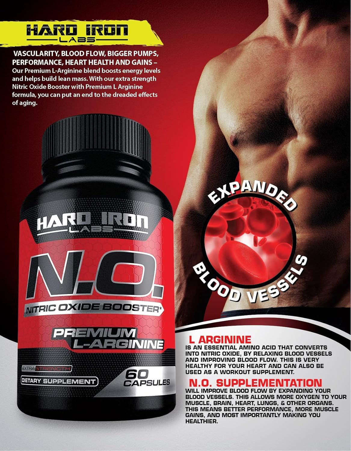 N.O. Nitric Oxide Booster Capsules with L-Arginine, L-Citrulline, Beta Alanine, AAKG - Non-GMO, Gluten-Free, Vegan - Pre-Workout Supplement for Muscle Growth, Stamina, Energy, Pumps, Vascularity