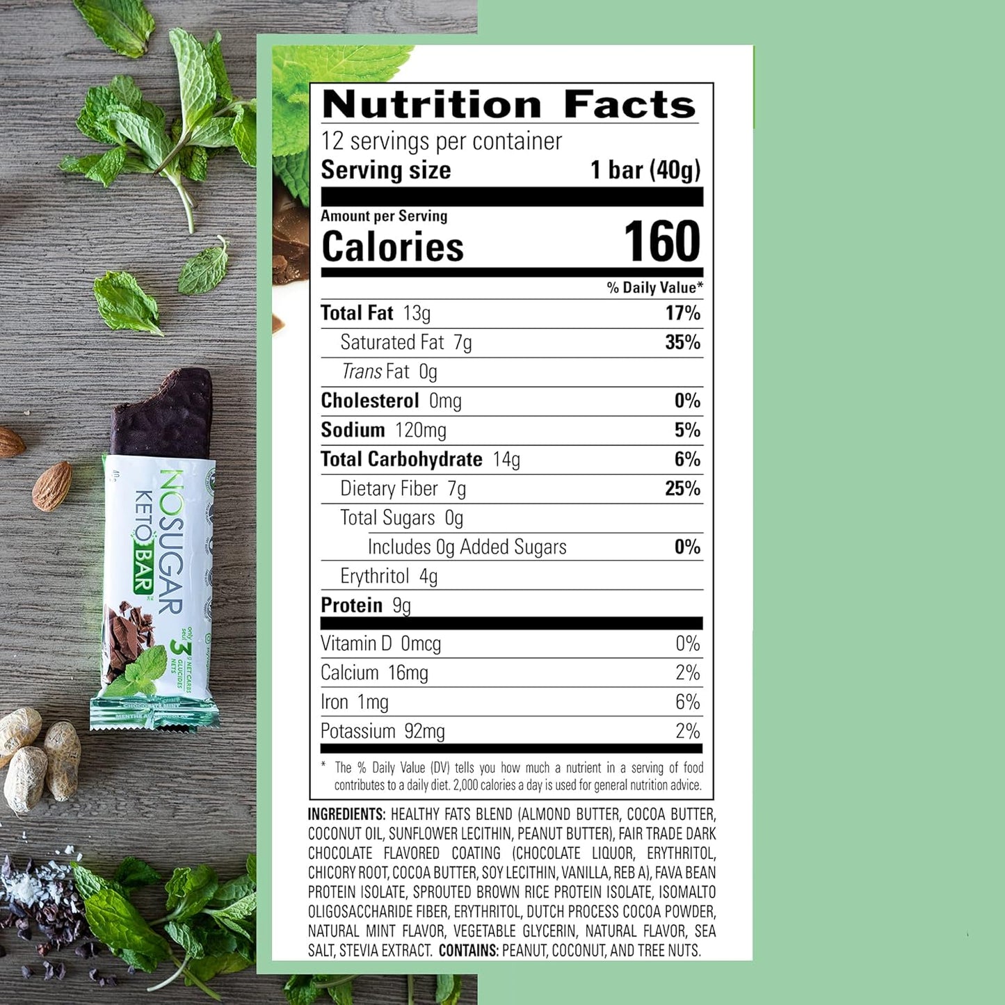 No Sugar Keto Bar Snack - Chocolate Mint Flavor, Low Carb & Keto Friendly (12 Bars, 1.41oz Each)