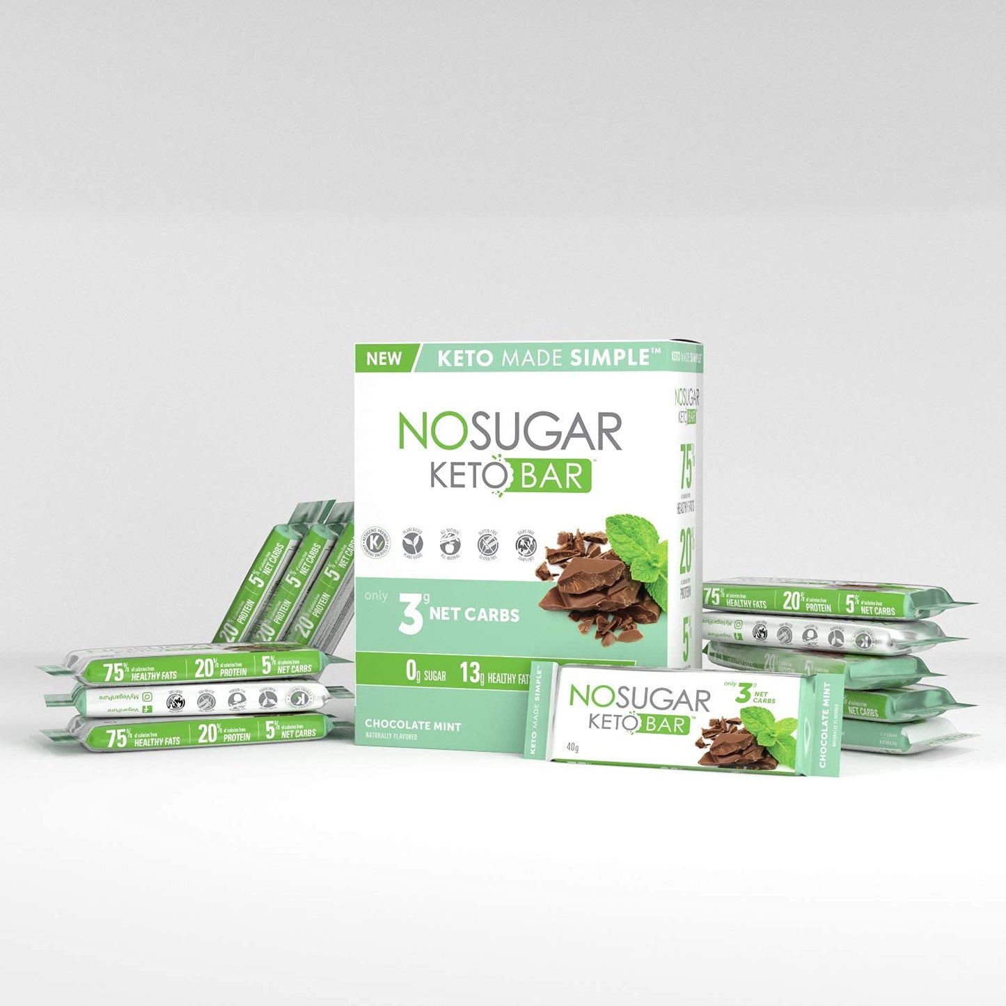 No Sugar Keto Bar Snack - Chocolate Mint Flavor, Low Carb & Keto Friendly (12 Bars, 1.41oz Each)