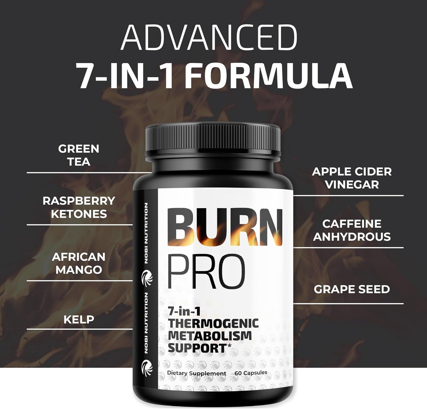 Nobi Nutrition Burn Pro 7-in-1 Thermogenic Metabolism Booster for Weight Management and Energy Support - 60ct
