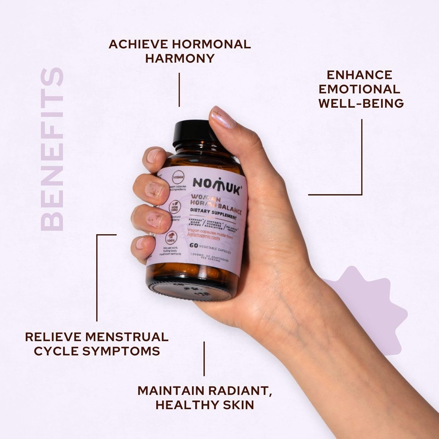 Nomuk Woman Hormone Balance Capsules with Shatavari, Schisandra, Maca, Ginseng, and Mushroom Extract for Women's Health - 60 Capsules