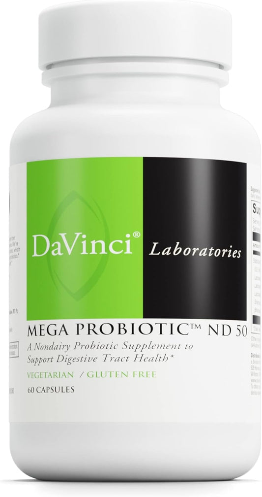 Non-Dairy Probiotic Supplement with Prebiotic Fiber for Digestive & Immune Health - 60 Vegetarian Capsules - DaVinci Labs Mega Probiotic ND 50