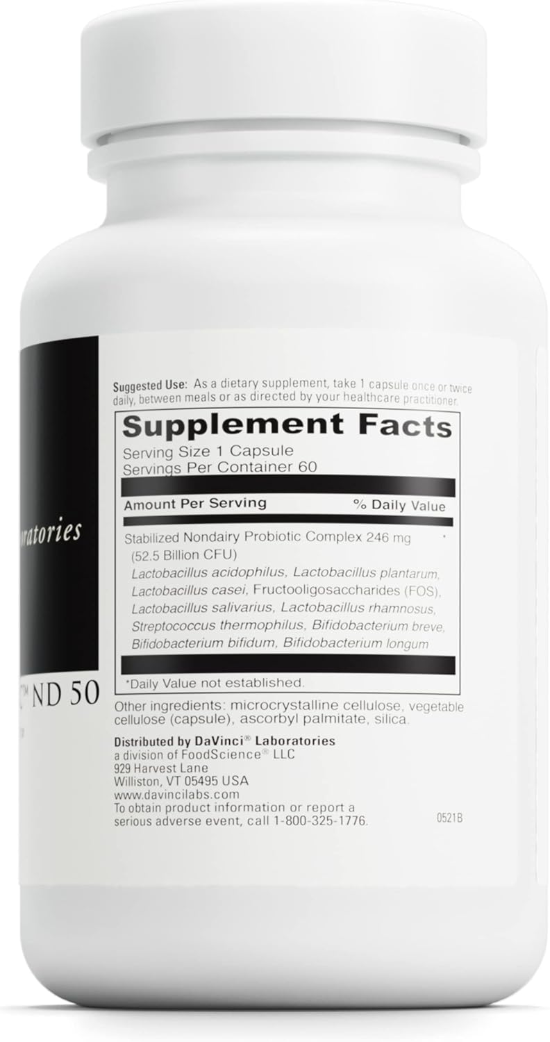 Non-Dairy Probiotic Supplement with Prebiotic Fiber for Digestive & Immune Health - 60 Vegetarian Capsules - DaVinci Labs Mega Probiotic ND 50