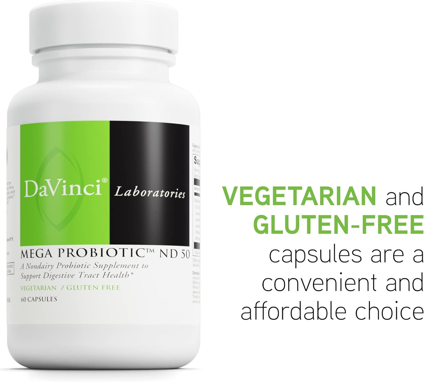 Non-Dairy Probiotic Supplement with Prebiotic Fiber for Digestive & Immune Health - 60 Vegetarian Capsules - DaVinci Labs Mega Probiotic ND 50