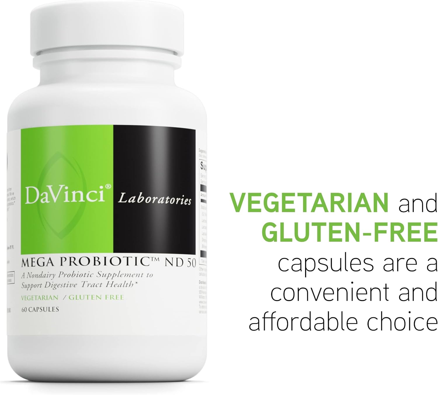 Non-Dairy Probiotic Supplement with Prebiotic Fiber for Digestive & Immune Health - 60 Vegetarian Capsules - DaVinci Labs Mega Probiotic ND 50