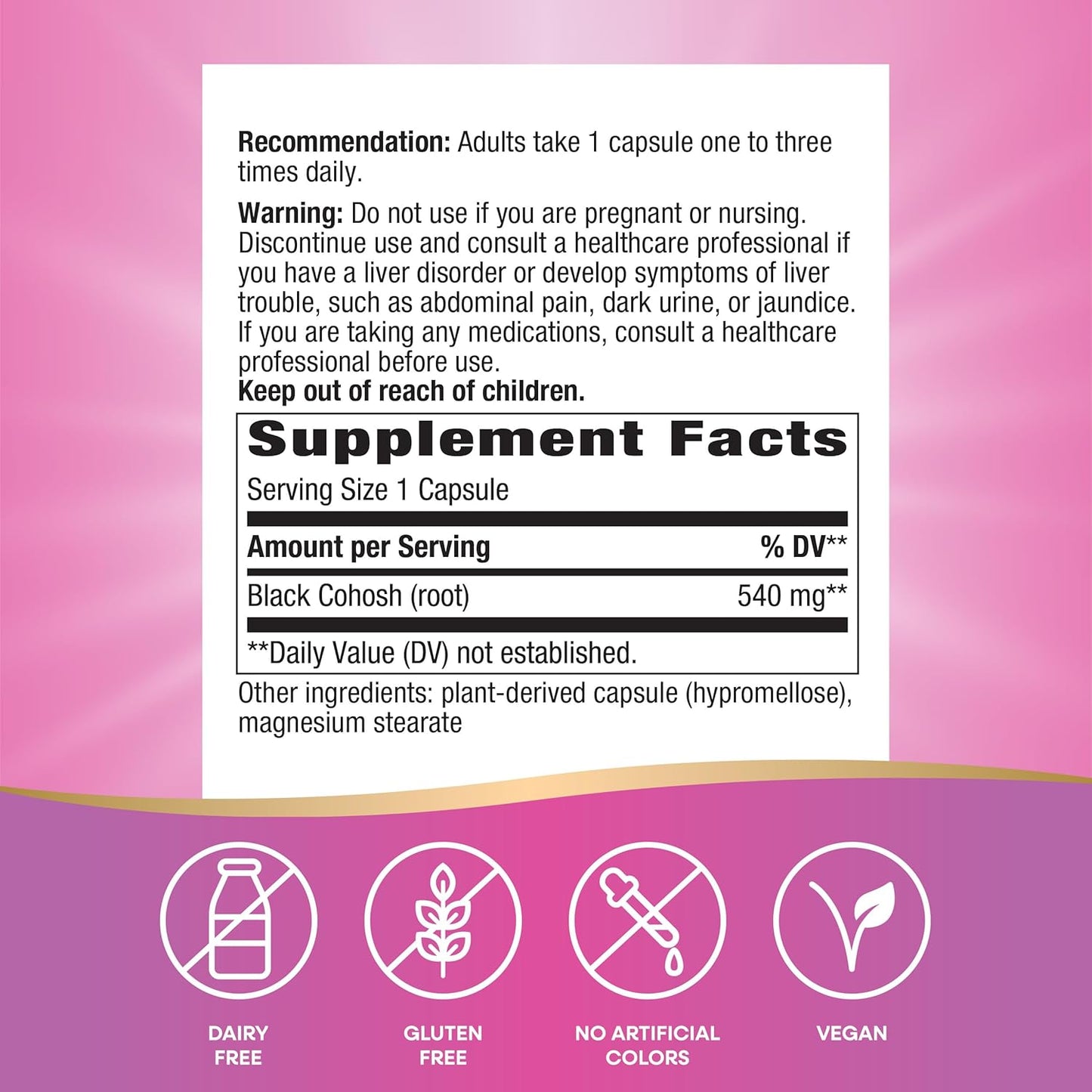 Non-GMO Black Cohosh Root Capsules for Women's Health Support - 540mg per Serving, Vegan, 100 Capsules - Nature's Way
