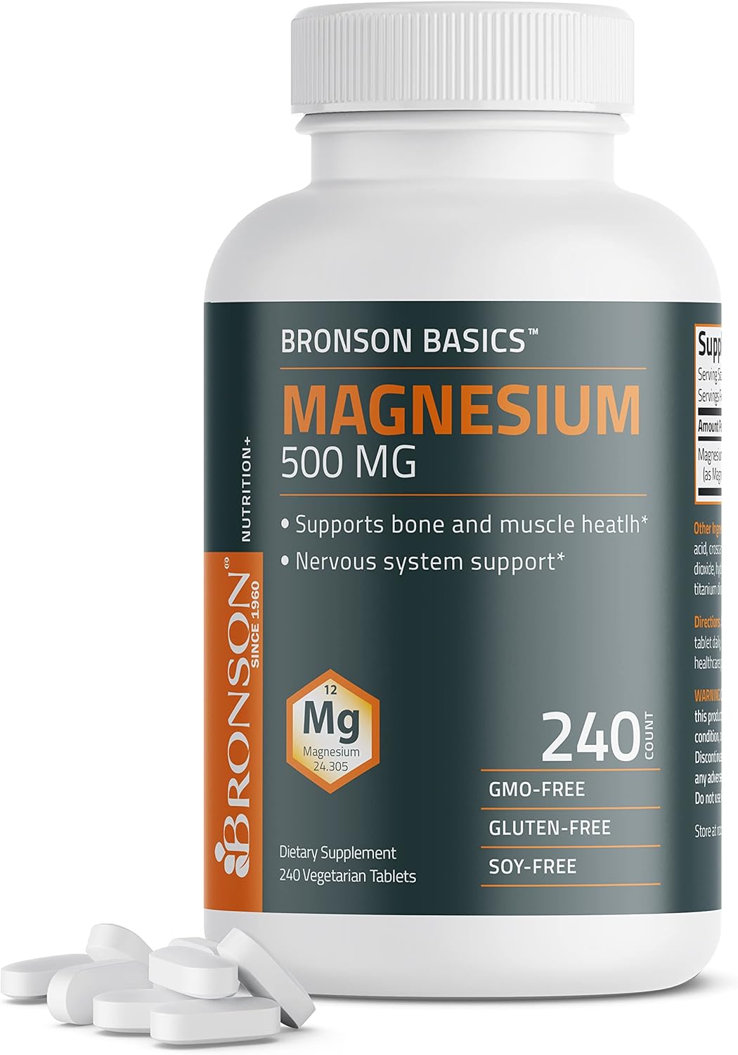 Non-GMO Bronson Magnesium 500 MG Tablets for Bone, Muscle, & Nervous System Support - 240 Vegetarian Tablets