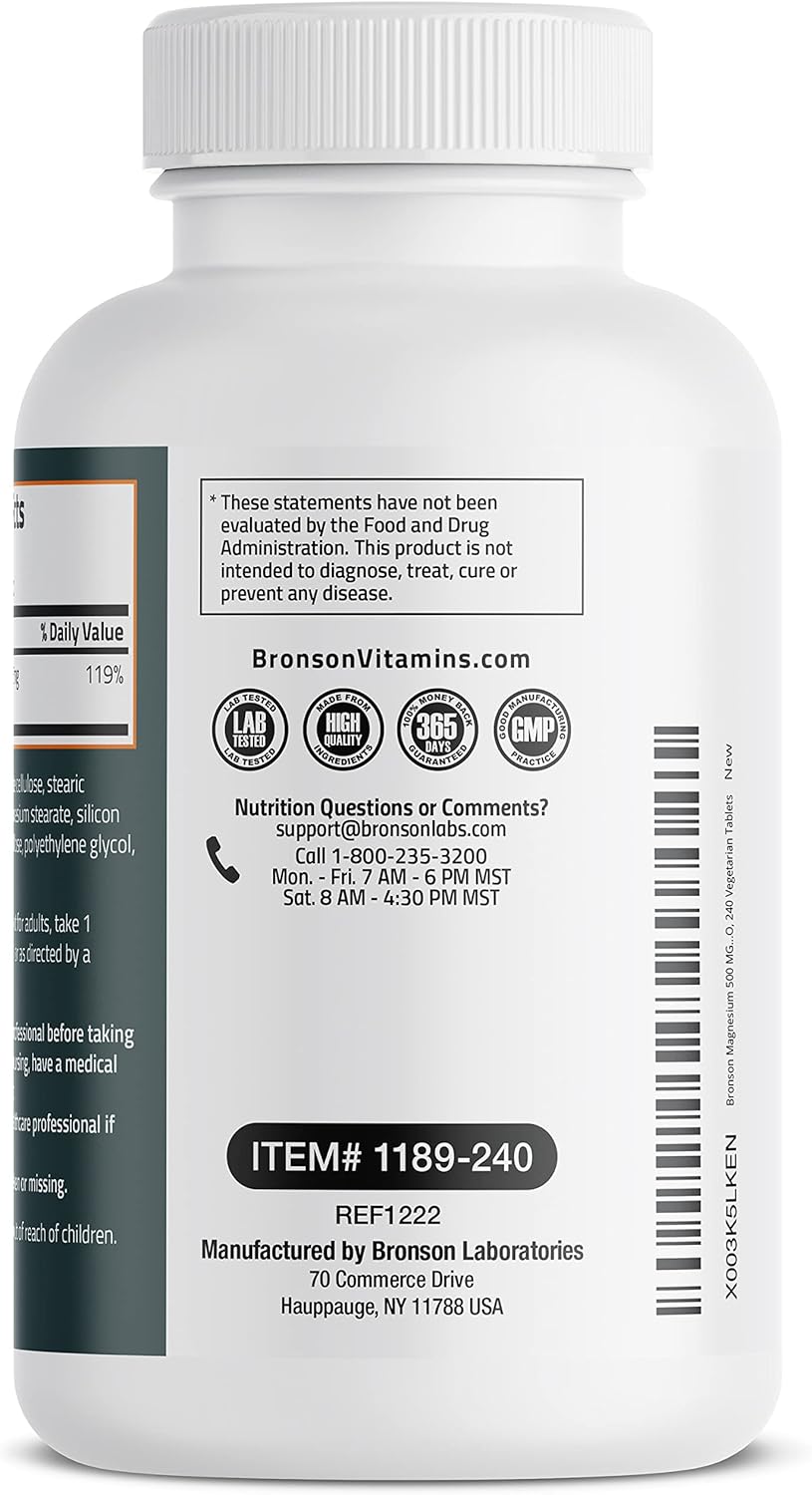 Non-GMO Bronson Magnesium 500 MG Tablets for Bone, Muscle, & Nervous System Support - 240 Vegetarian Tablets