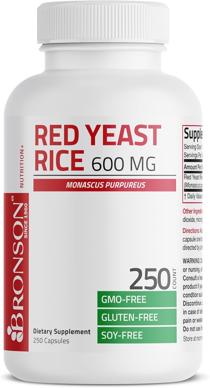 Non-GMO Bronson Red Yeast Rice 600 MG Monascus Purpureus Herbal Health Supplement - 250 Capsules