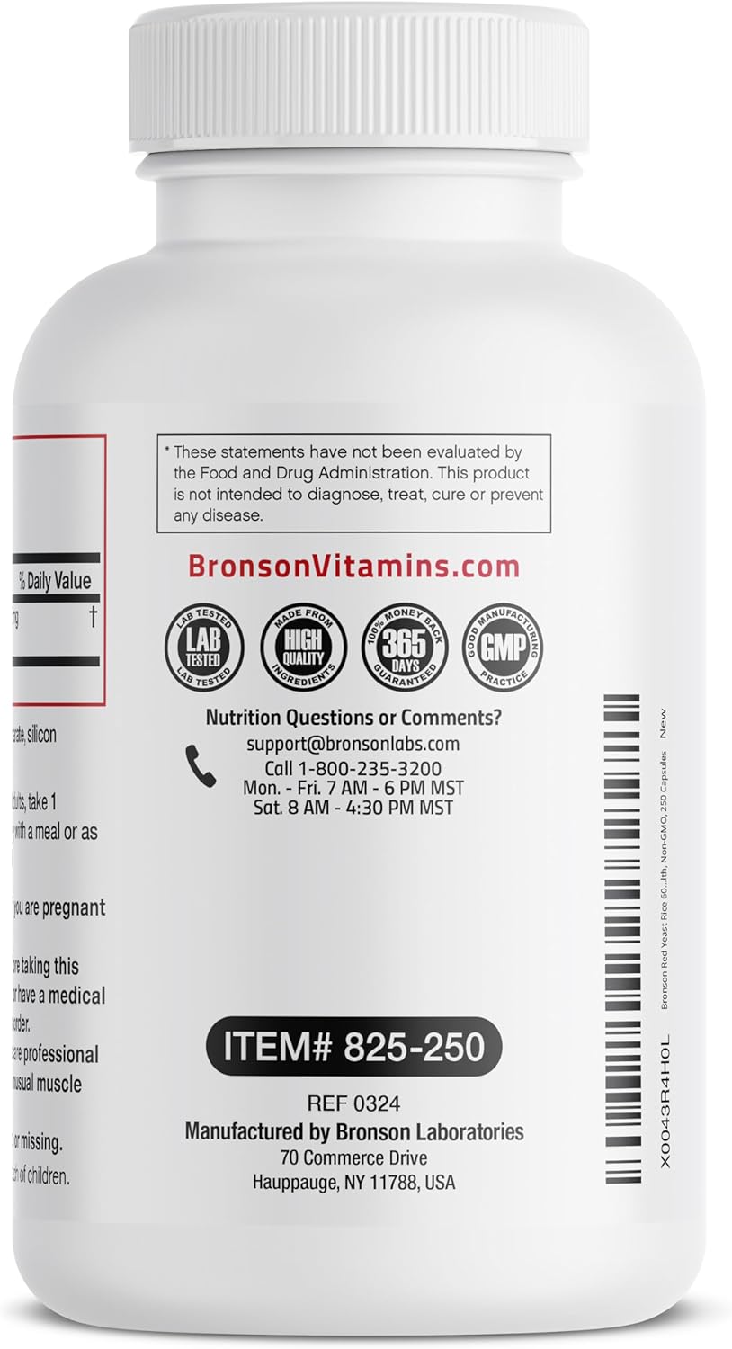 Non-GMO Bronson Red Yeast Rice 600 MG Monascus Purpureus Herbal Health Supplement - 250 Capsules