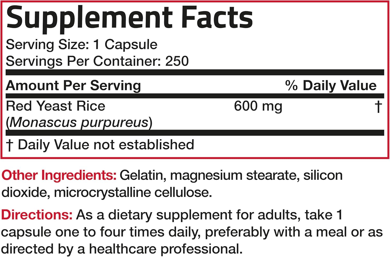 Non-GMO Bronson Red Yeast Rice 600 MG Monascus Purpureus Herbal Health Supplement - 250 Capsules