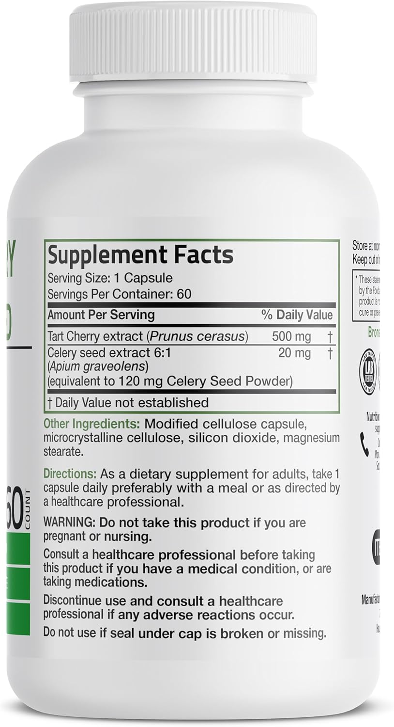 Non-GMO Bronson Tart Cherry Extract & Celery Seed Capsules for Uric Acid Cleanse, Joint Mobility & Muscle Recovery - 60 Capsules