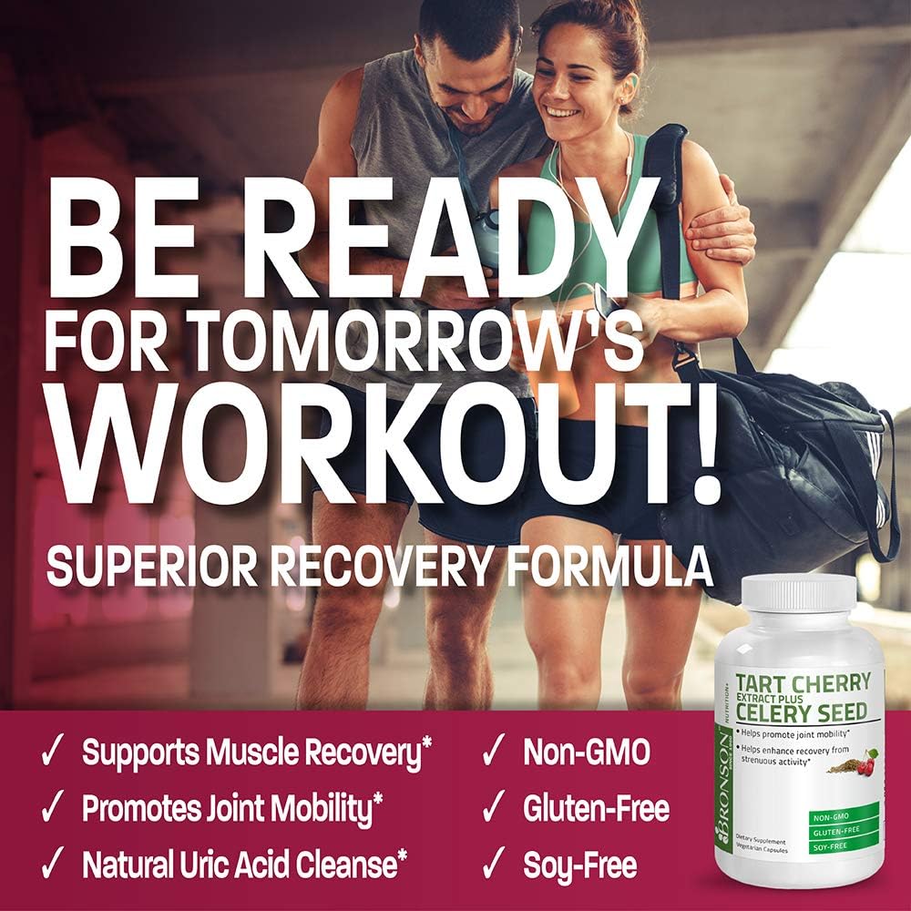 Non-GMO Bronson Tart Cherry Extract & Celery Seed Capsules for Uric Acid Cleanse, Joint Mobility & Muscle Recovery - 60 Capsules