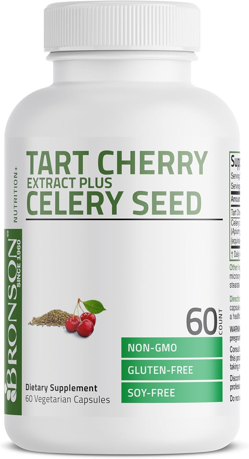 Non-GMO Bronson Tart Cherry Extract & Celery Seed Capsules for Uric Acid Cleanse, Joint Mobility & Muscle Recovery - 60 Capsules