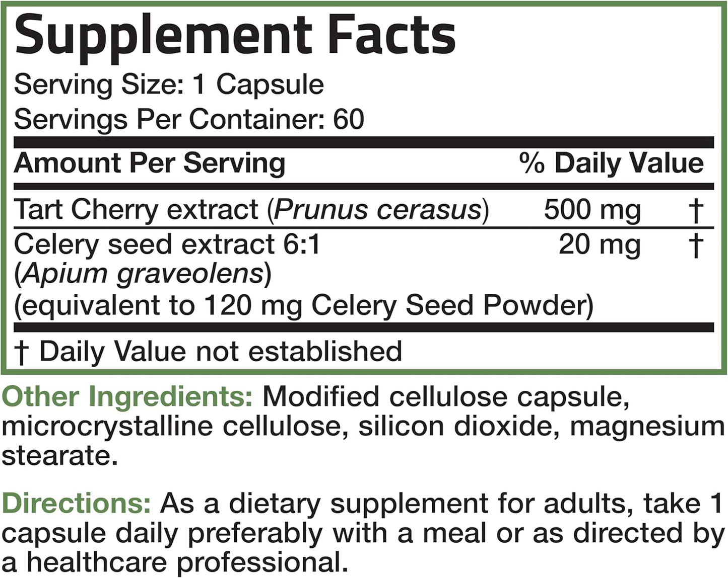 Non-GMO Bronson Tart Cherry Extract & Celery Seed Capsules for Uric Acid Cleanse, Joint Mobility & Muscle Recovery - 60 Capsules