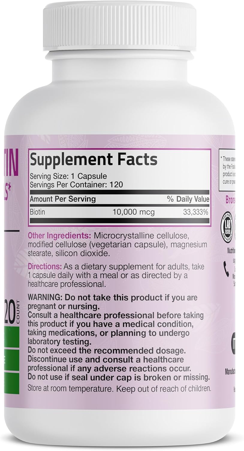 Non-GMO Bronson Ultra Biotin 10,000 Mcg Supplement for Hair Skin and Nails - 120 Vegetarian Capsules