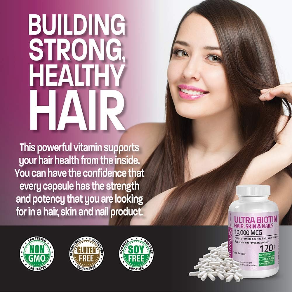 Non-GMO Bronson Ultra Biotin 10,000 Mcg Supplement for Hair Skin and Nails - 120 Vegetarian Capsules