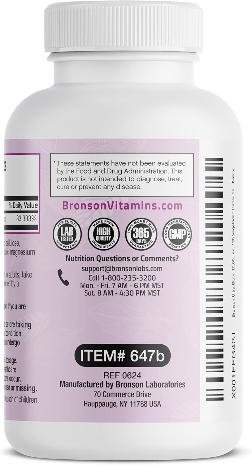 Non-GMO Bronson Ultra Biotin 10,000 Mcg Supplement for Hair Skin and Nails - 120 Vegetarian Capsules