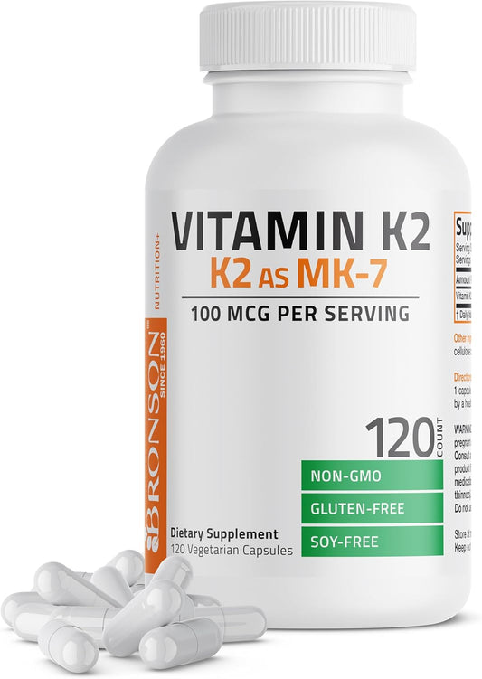 Non-GMO Bronson Vitamin K2 MK-7 Menaquinone Supplement 100 mcg - 120 Capsules