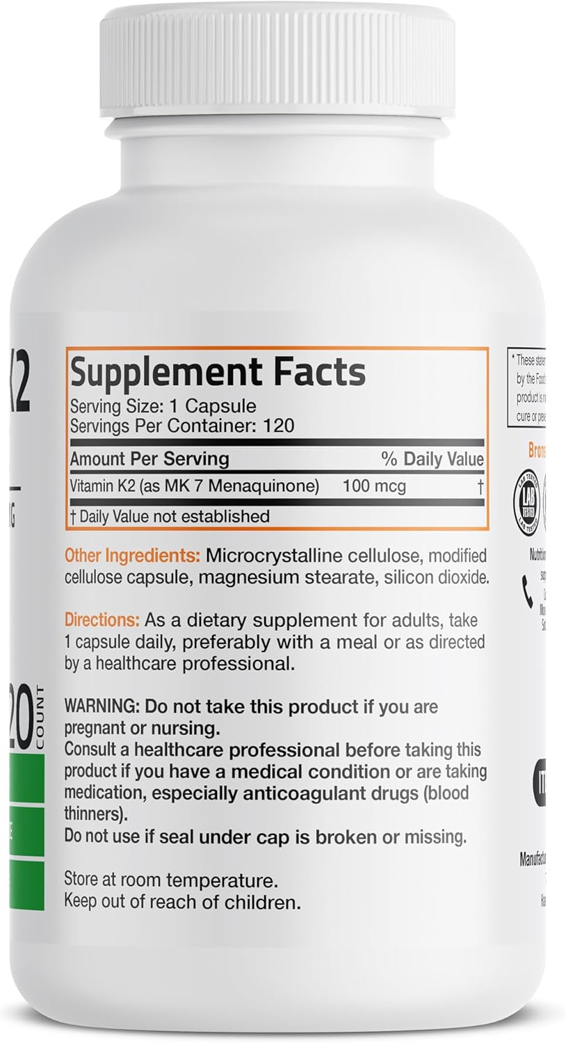 Non-GMO Bronson Vitamin K2 MK-7 Menaquinone Supplement 100 mcg - 120 Capsules