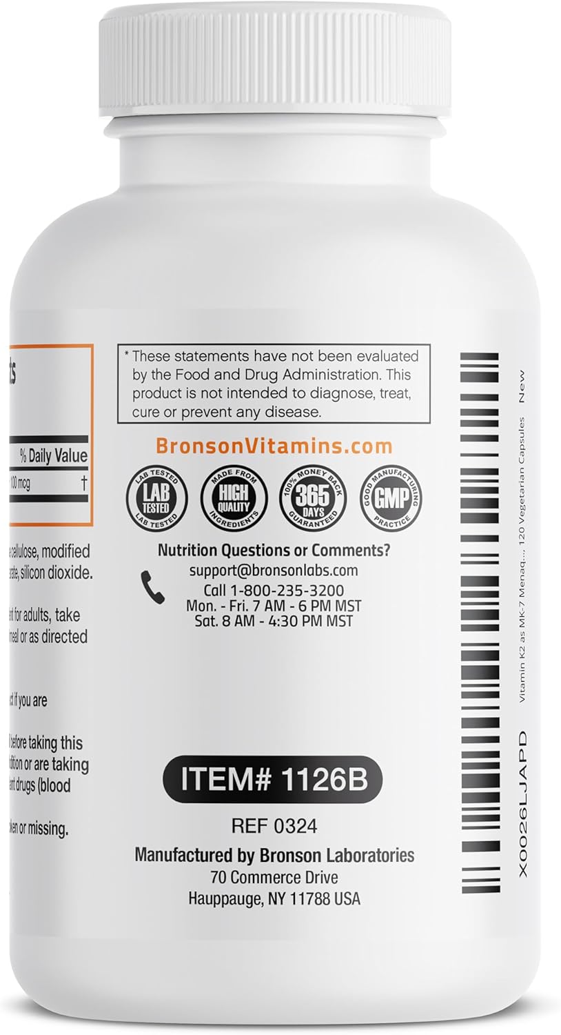 Non-GMO Bronson Vitamin K2 MK-7 Menaquinone Supplement 100 mcg - 120 Capsules