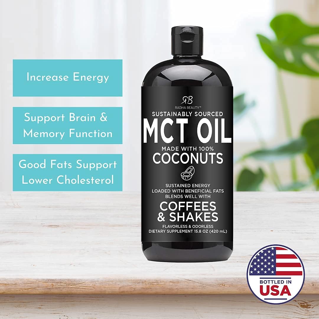 Non-GMO Coconut-Made Radha Beauty Premium MCT Oil - 15.8oz. Keto, Paleo, Gluten-Free, Vegan Approved