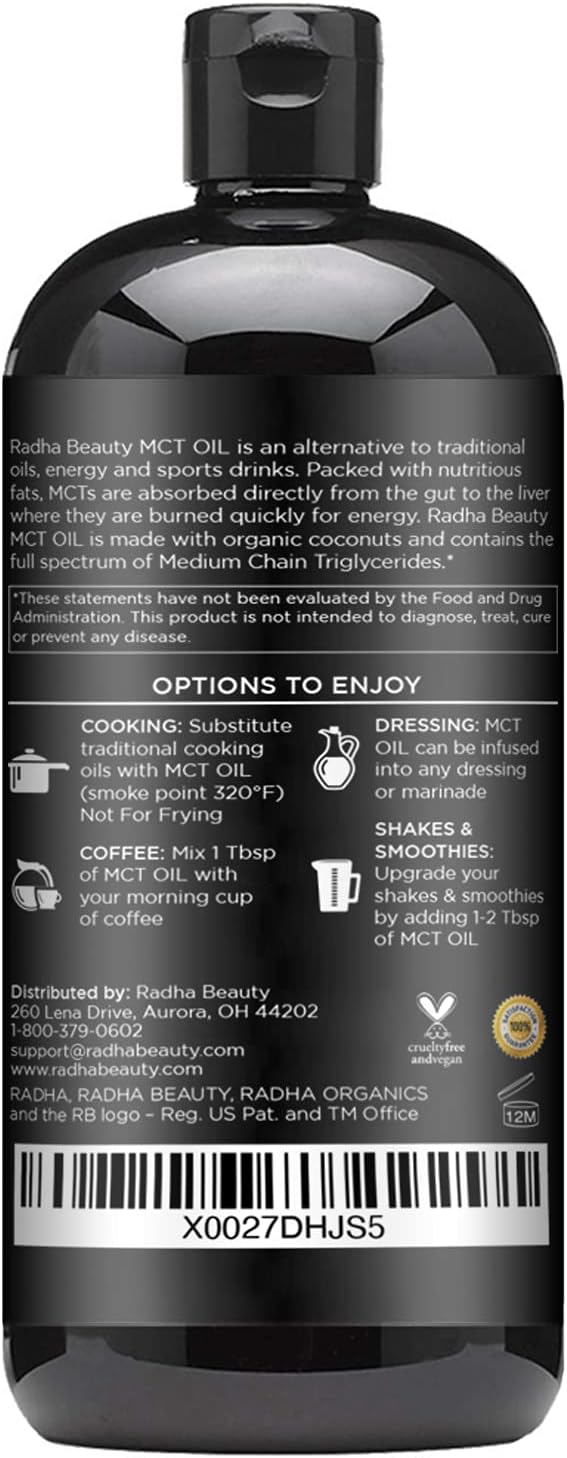 Non-GMO Coconut-Made Radha Beauty Premium MCT Oil - 15.8oz. Keto, Paleo, Gluten-Free, Vegan Approved