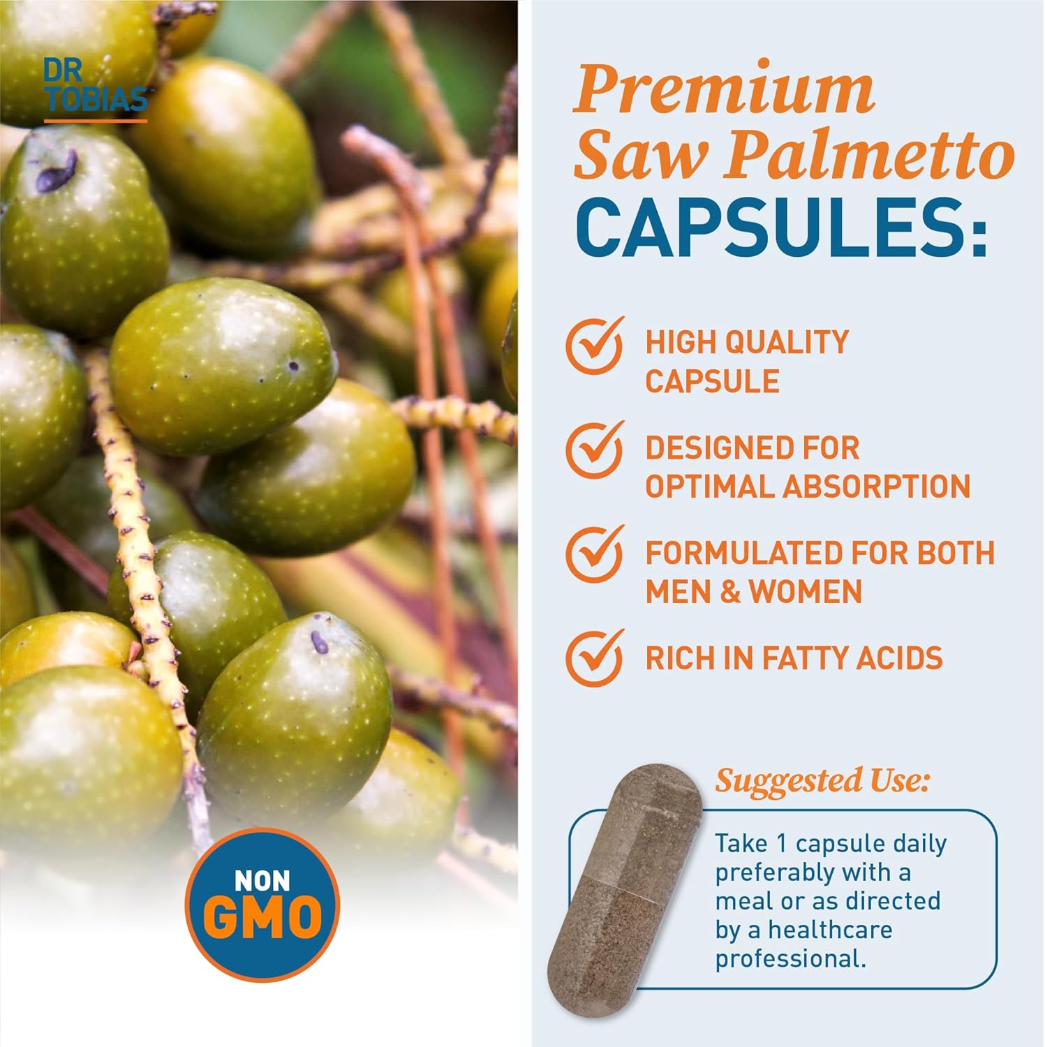 Non-GMO Dr. Tobias Saw Palmetto Daily Prebiotics for Urinary Health, Digestive Support, and Hormonal Wellness in Men & Women