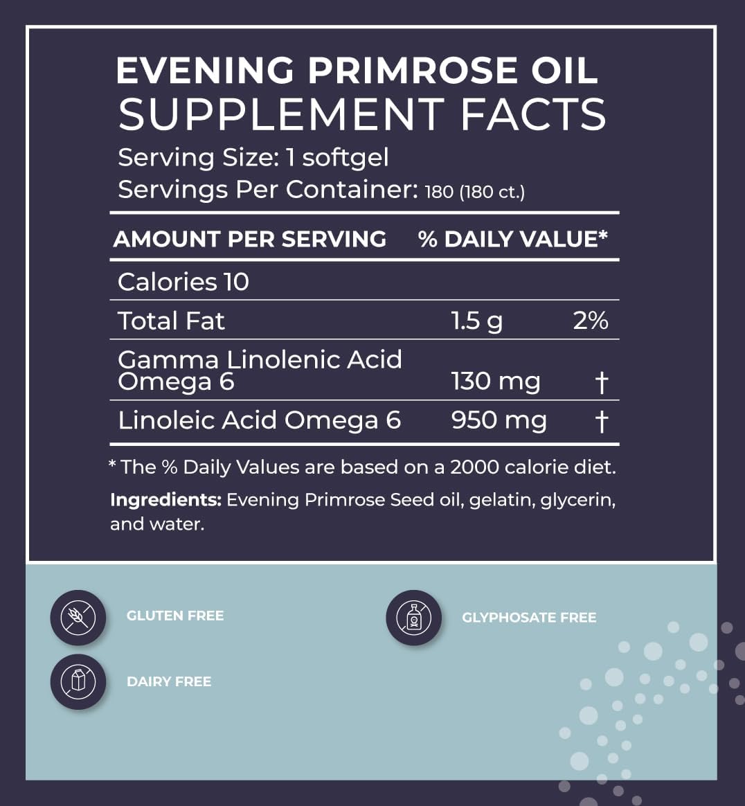 Non-GMO Evening Primrose Oil Softgels for Healthy Skin & Hormone Balance - Cold Pressed, Natural Gamma Linolenic Acid, 180 Count