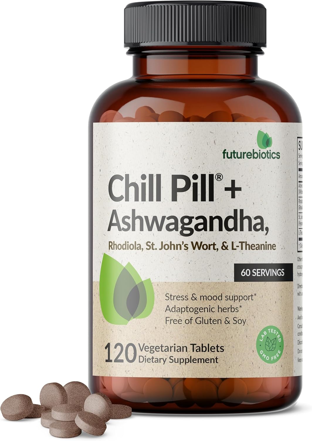 Non-GMO Futurebiotics Chill Pill with Ashwagandha, Rhodiola, St. John’s Wort, & L-Theanine - 120 Vegetarian Tablets