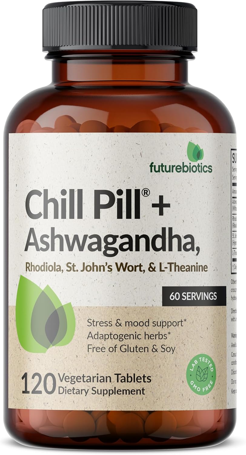 Non-GMO Futurebiotics Chill Pill with Ashwagandha, Rhodiola, St. John’s Wort, & L-Theanine - 120 Vegetarian Tablets