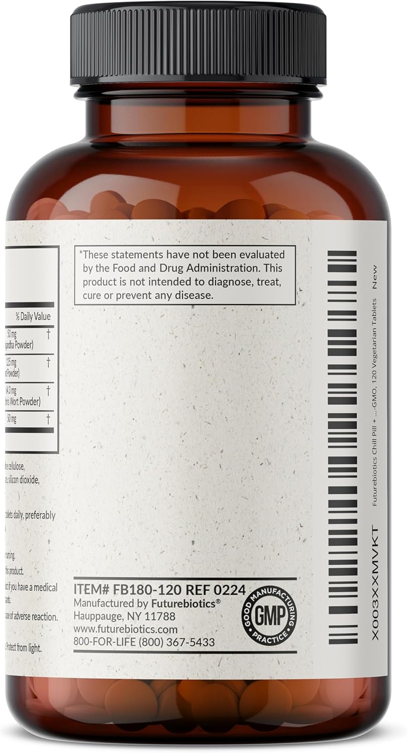 Non-GMO Futurebiotics Chill Pill with Ashwagandha, Rhodiola, St. John’s Wort, & L-Theanine - 120 Vegetarian Tablets