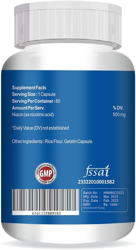 Non-GMO Gluten Free 500mg Niacin (Vitamin B3) Capsules - 60 Vegetarian Capsules