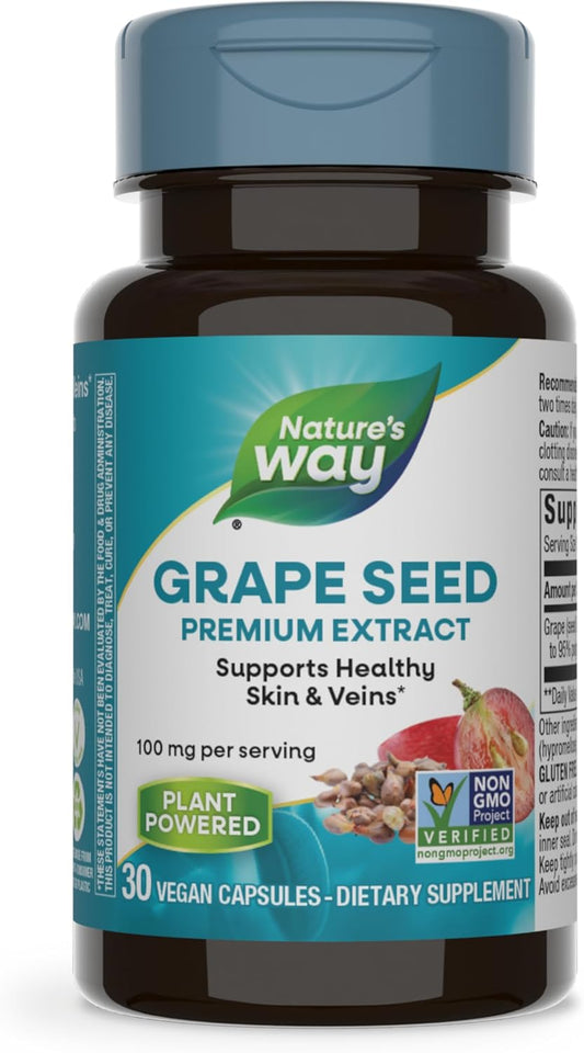 Non-GMO Grape Seed Premium Extract Capsules for Skin and Vein Health, Antioxidant Support, 30 Vegan Capsules