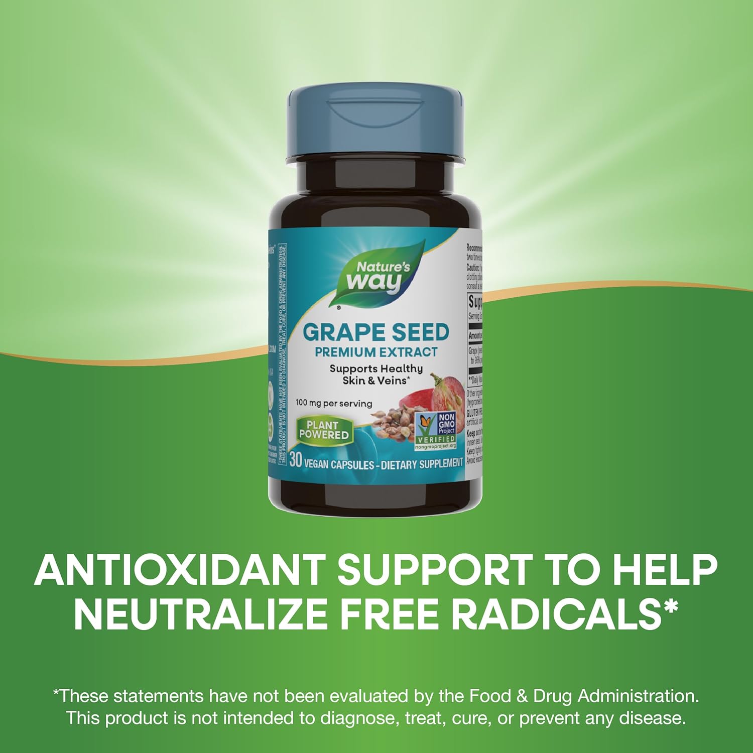 Non-GMO Grape Seed Premium Extract Capsules for Skin and Vein Health, Antioxidant Support, 30 Vegan Capsules