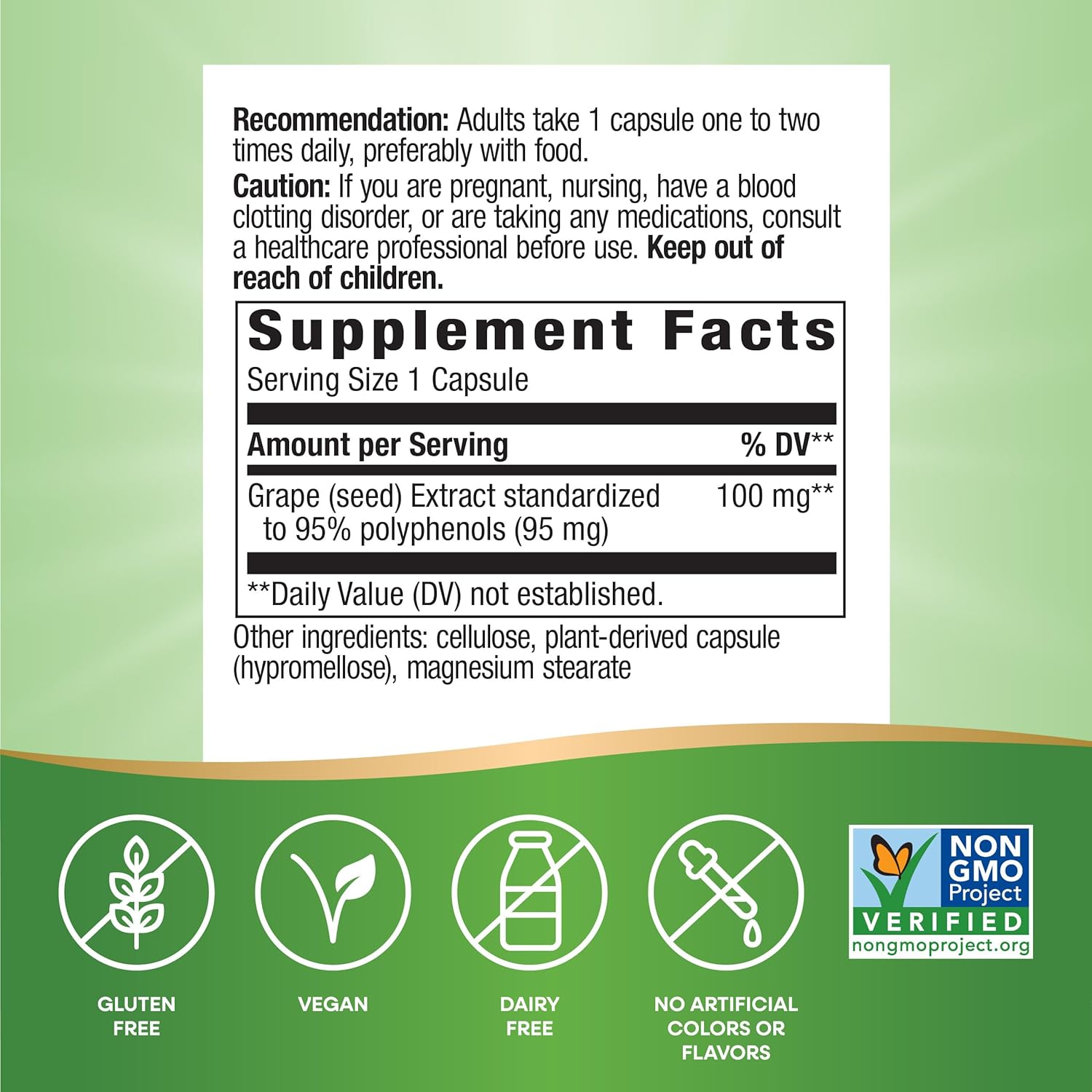 Non-GMO Grape Seed Premium Extract Capsules for Skin and Vein Health, Antioxidant Support, 30 Vegan Capsules