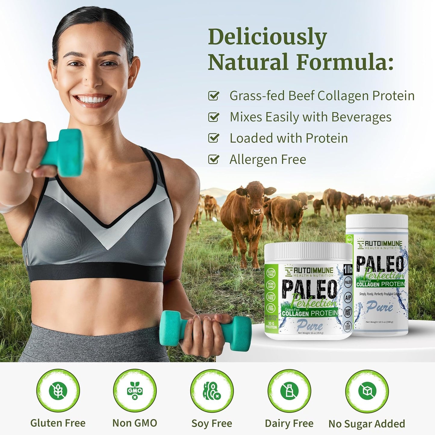 Non GMO Grass-Fed Beef Collagen Protein Powder for Autoimmune Health & Nutrition - 1 lb - Women & Men - Soy, Gluten, Dairy Free