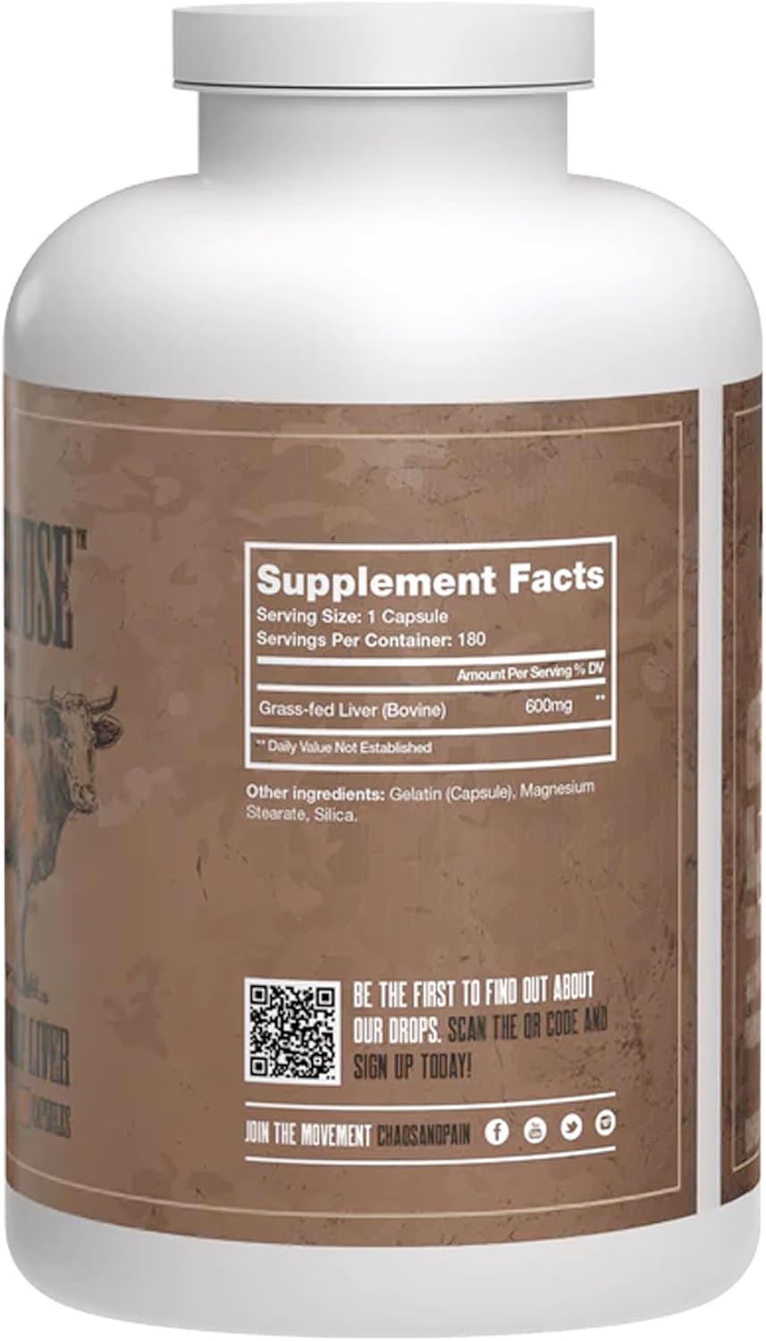 Non-GMO Grass-Fed Beef Liver Capsules for Energy, Wellness, Detox, Digestion, Immunity - 180 Capsules