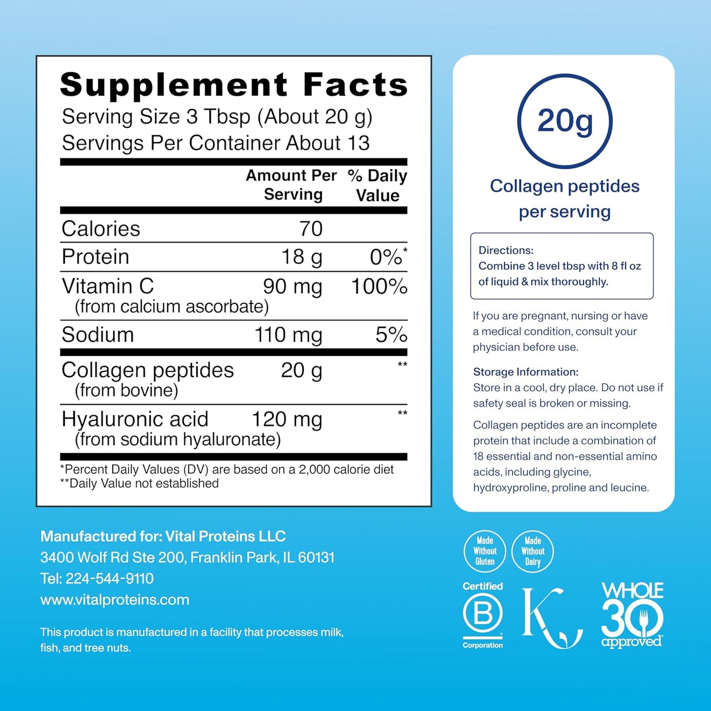 Non-GMO Grass Fed Collagen Powder with Hyaluronic Acid and Vitamin C - 9.33oz Unflavored Supplement