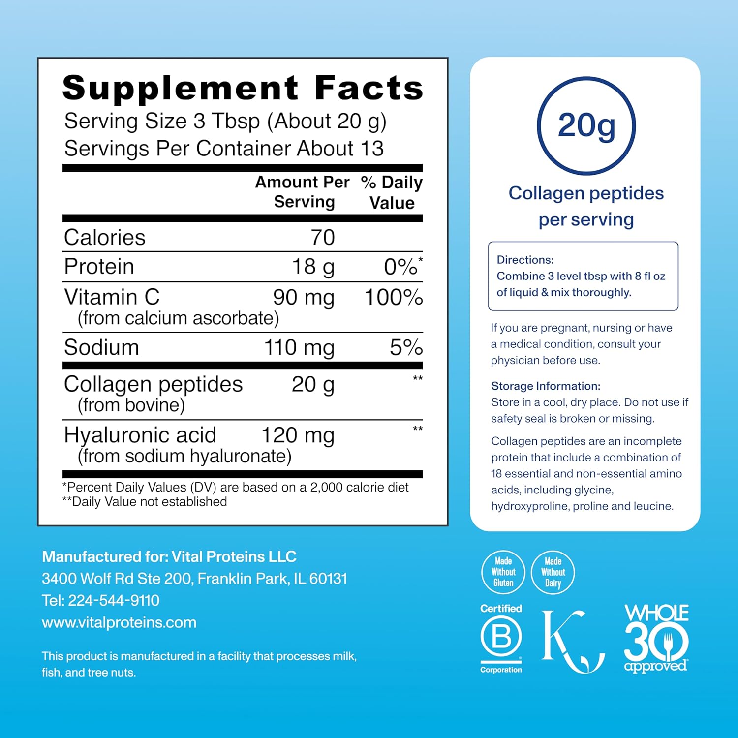 Non-GMO Grass Fed Collagen Powder with Hyaluronic Acid and Vitamin C - 9.33oz Unflavored Supplement
