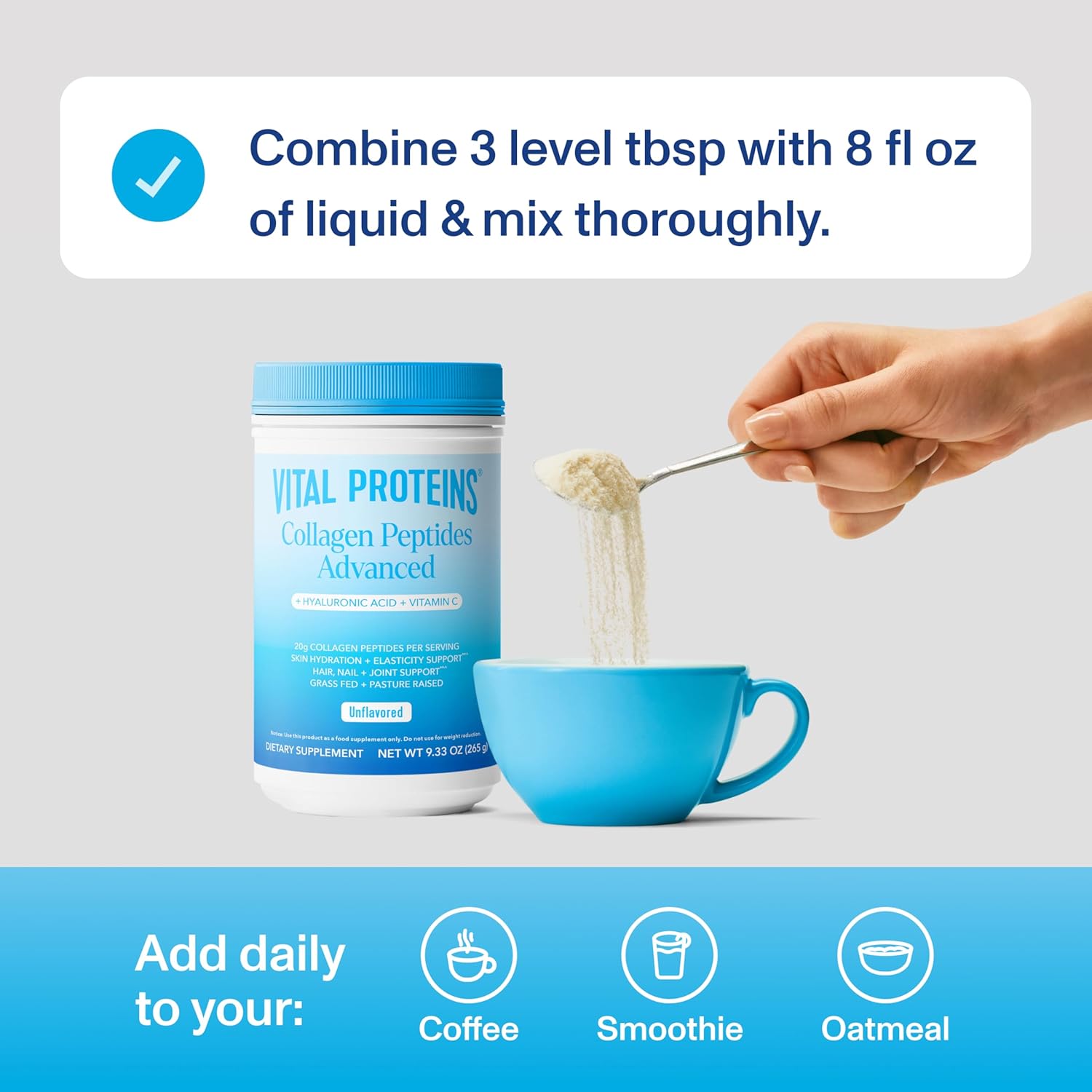 Non-GMO Grass Fed Collagen Powder with Hyaluronic Acid and Vitamin C - 9.33oz Unflavored Supplement